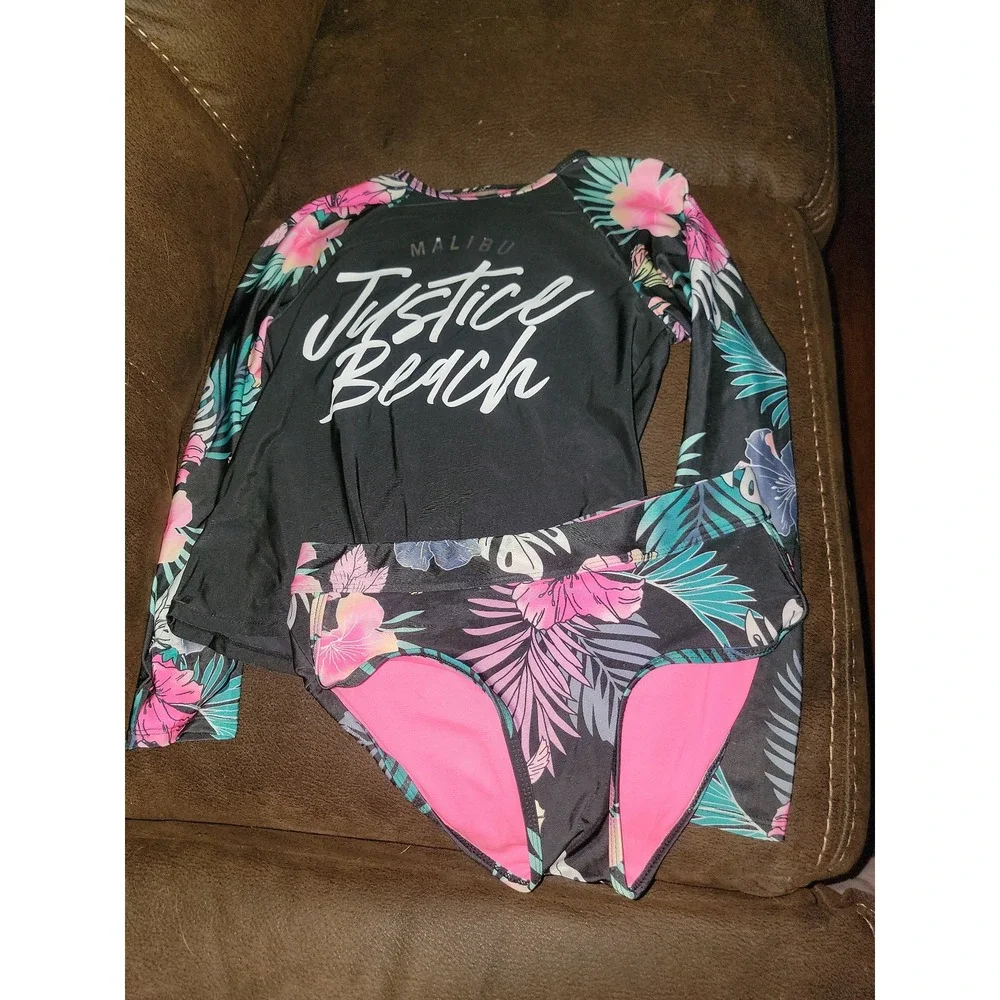 Justice Malibu beach rash guard long sleeve and bathing suit bottoms size 12 14‎